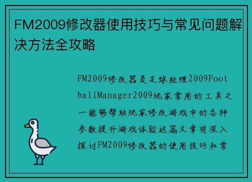 FM2009修改器使用技巧与常见问题解决方法全攻略