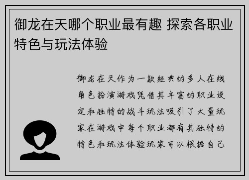 御龙在天哪个职业最有趣 探索各职业特色与玩法体验